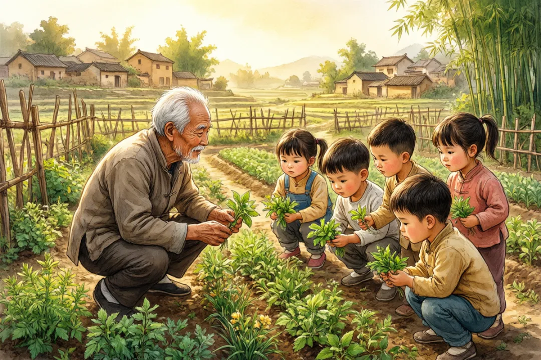 老人在药田里教孩子们辨认草药的示意插画